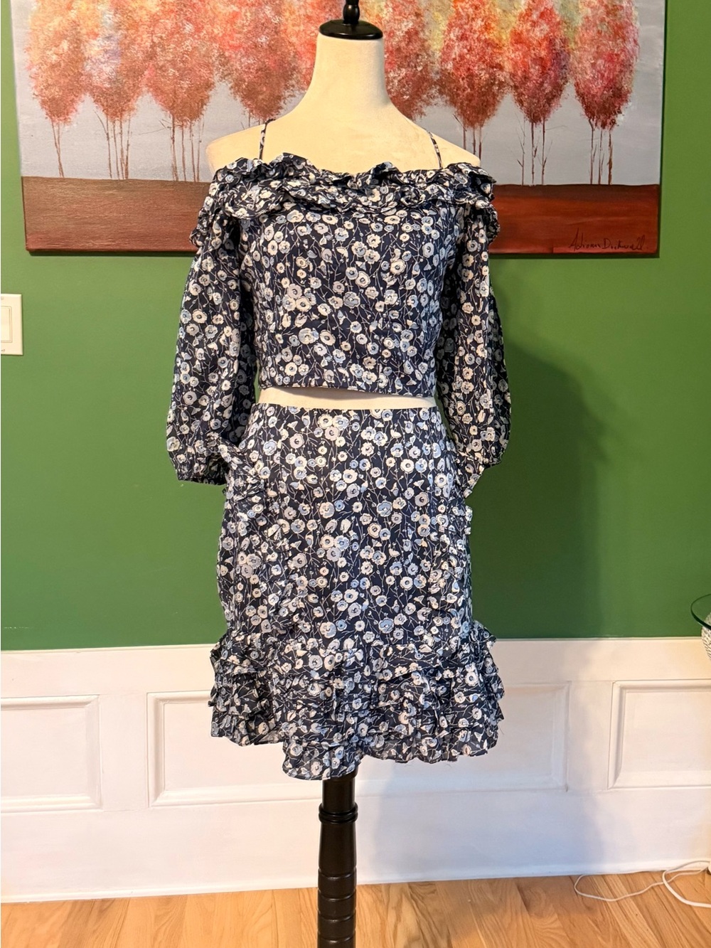 Eva Mendes Floral Ruffles Off-Shoulder Two-Piece Set in Navy and White